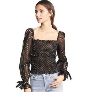 🆕 LIKELY NYC Neiman Marcus Sheer Polka Dot Metallic Smocked Top Dotted blouse